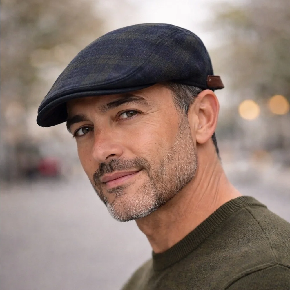 Banana Republic Navy‎ & Olive Plaid Cotton Flat Cap | Classic Driving Style